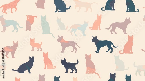 An illustrator design of a minimal dogs and cats pattern, soft pastel colors, near a subtle gradient background