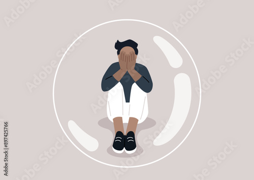 A young character trapped alone inside a transparent bubble, their head in hands, their body language expressing immense sadness and desperate loneliness