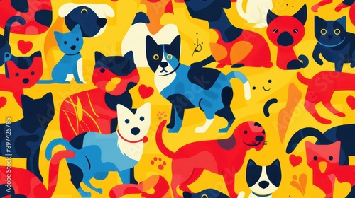 An illustrator design of a minimal dogs and cats pattern, soft pastel colors, near a subtle gradient background