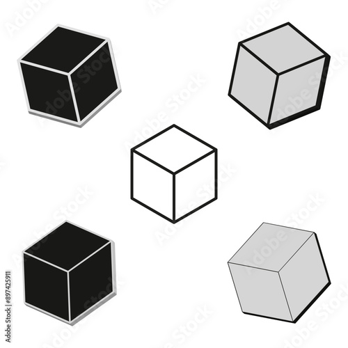 Isometric cube set. Varied shading styles. Geometric vector shapes. Abstract black and white.