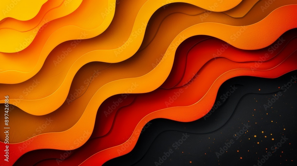Artwork depicts abstract waves in yellow, orange, and red tones with dark contrasts, creating dynamic composition Artwork depicts abstract waves in yellow, orange, and red tones with dark contrasts, creating dynamic composition