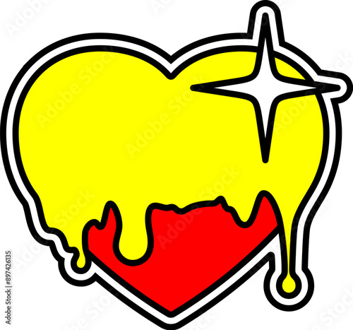 Heart sticker in y2k style. Syrup liquid drops on the heart sticker. Bold colors