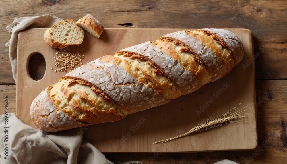 rustic wholemeal bread viewed from above, golden-brown crust, warm hues, natural wooden board with free space in the center for adding text or designs rustic wholemeal bread viewed from above, golden-brown crust, warm hues, natural wooden board with free space in the center for adding text or designs