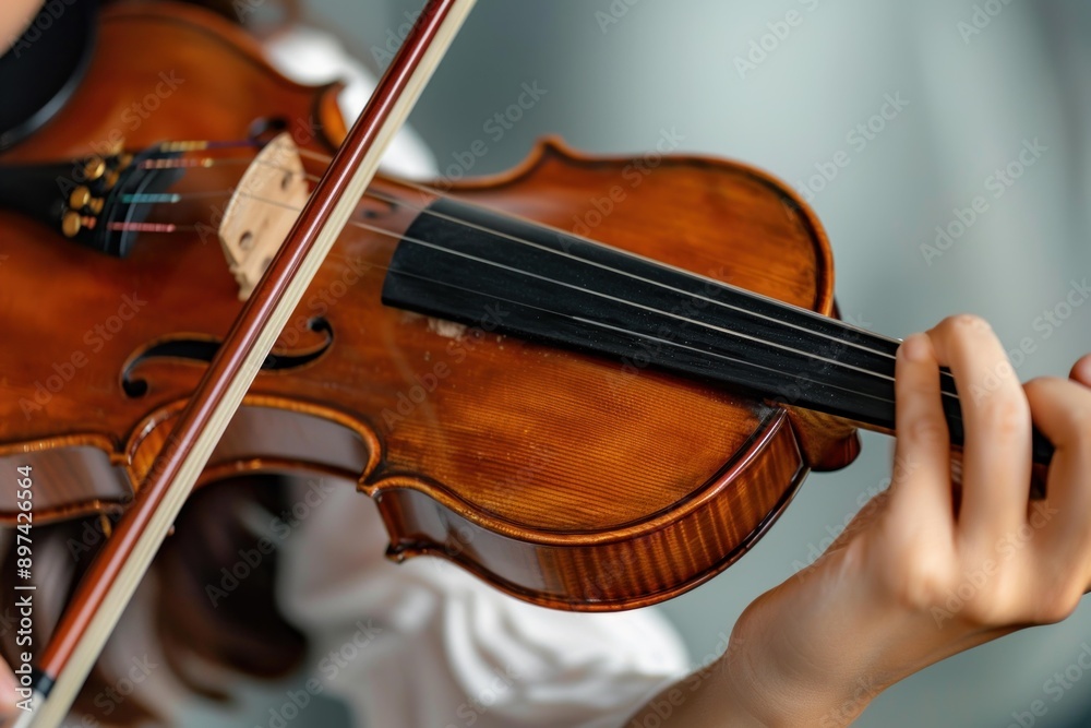 Young musician is playing a violin, the image focusing on their hands and the instrument's wooden body Young musician is playing a violin, the image focusing on their hands and the instrument's wooden body