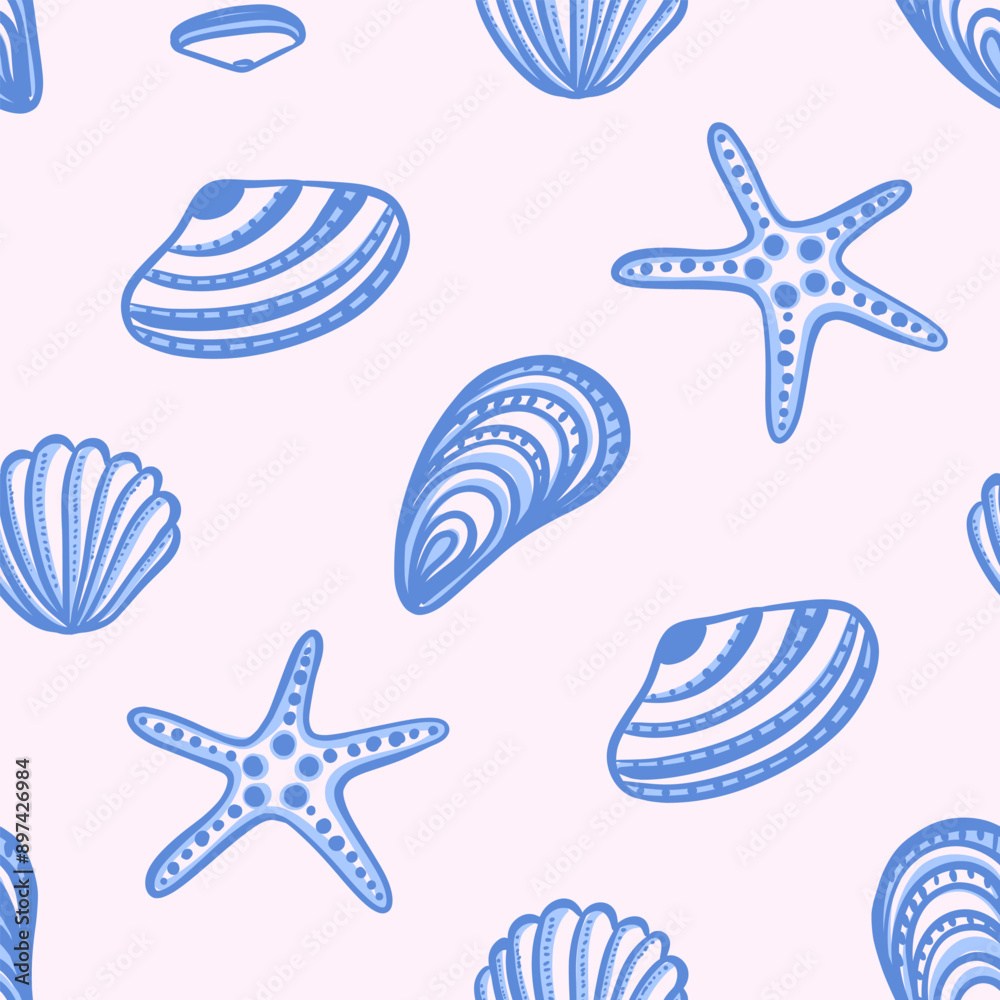 Elegant seamless vector pattern of blue abstract seashells and starfish in hand drawn style. Summer-themed beach designs and coastal decorations. Ideal for wallpaper, textile, poster, notebook cover. Elegant seamless vector pattern of blue abstract seashells and starfish in hand drawn style. Summer-themed beach designs and coastal decorations. Ideal for wallpaper, textile, poster, notebook cover.