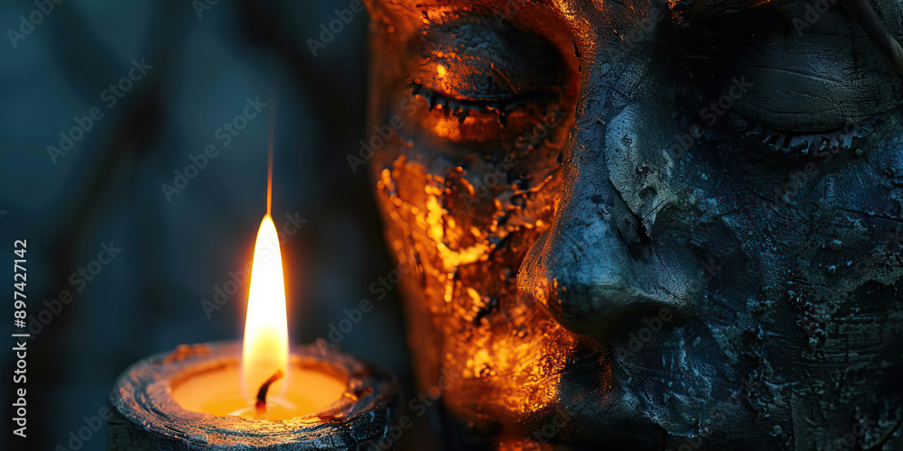 Flickering Flame of Freedom: A candle burning bright, casting warm light on a weathered statue of a revolutionary hero Flickering Flame of Freedom: A candle burning bright, casting warm light on a weathered statue of a revolutionary hero
