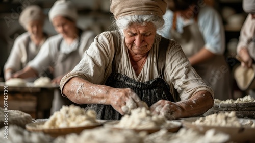 A close-up view of individuals kneading dough and preparing baked goods in what appears to be a busy and collaborative bakery environment, emphasizing teamwork and craftsmanship.