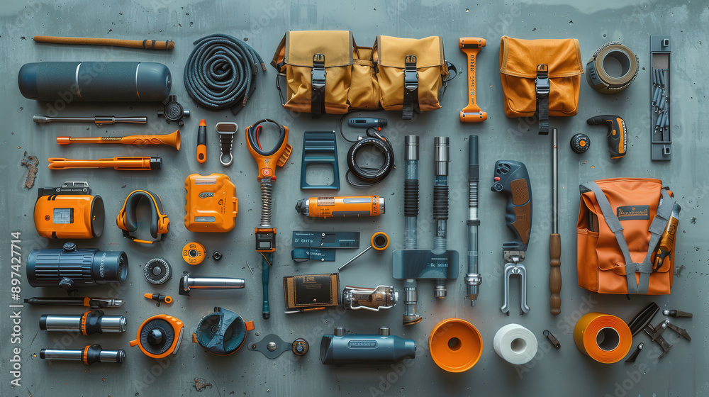 A natural flat lay composition with neatly arranged work equipment and thoughtful use of negative space A natural flat lay composition with neatly arranged work equipment and thoughtful use of negative space