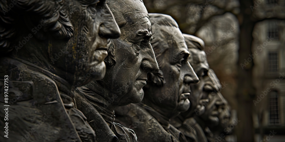 Sentinels of the Constitution: A row of statues of Founding Fathers, their stern faces overlooking a quiet town square Sentinels of the Constitution: A row of statues of Founding Fathers, their stern faces overlooking a quiet town square