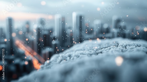 A cityscape blanketed in snow as delicate snowflakes fall from the sky, creating a serene and whimsical winter scene. Tall buildings rise in the background. photo