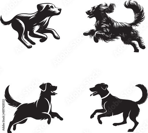 silhouette of clean vector dog jumping set on white background 