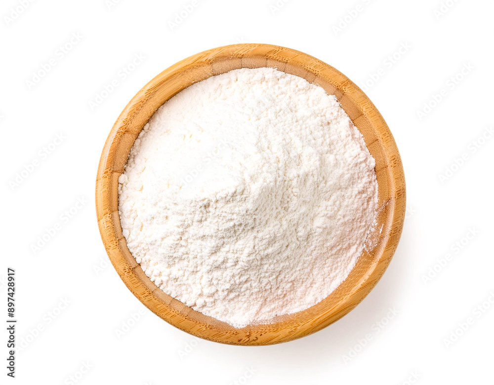 Mehl in einer Holzschale, isoliert auf weißen Hintergrund, Freisteller,Draufsicht Mehl in einer Holzschale, isoliert auf weißen Hintergrund, Freisteller,Draufsicht