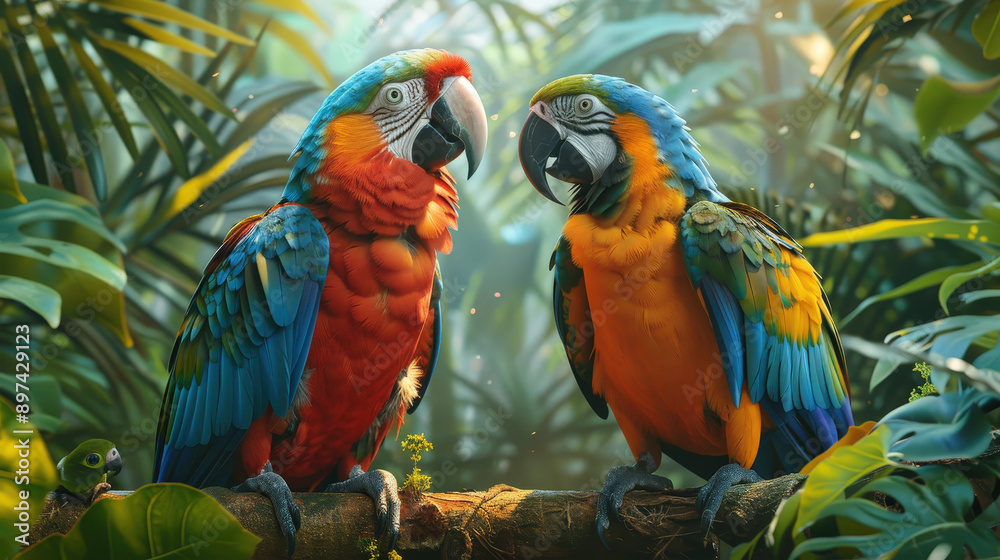 Fototapeta premium Parrot interacting with another bird amidst raw foliage, tropical wildlife, engaging and colorful banner