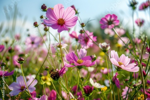 Beautiful pink cosmos flowers are blooming in a summer meadow, creating a picturesque scene of natural beauty