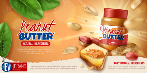 Realistic peanut butter horizontal for advertising with branded product editable text and arachis bean images