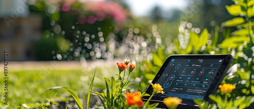 Close-up of a tablet displaying smart irrigation scheduling