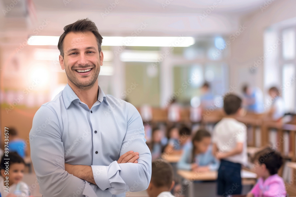 Smiling male teacher against the backdrop of a blurred classroom Smiling male teacher against the backdrop of a blurred classroom