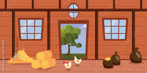 Vector illustration of the interior of a farmhouse. Cartoon scene of a beautiful wooden room with a haystack, sacks of hay, a rake, chickens, a window, an open door, a tree, grass, a sky with clouds.