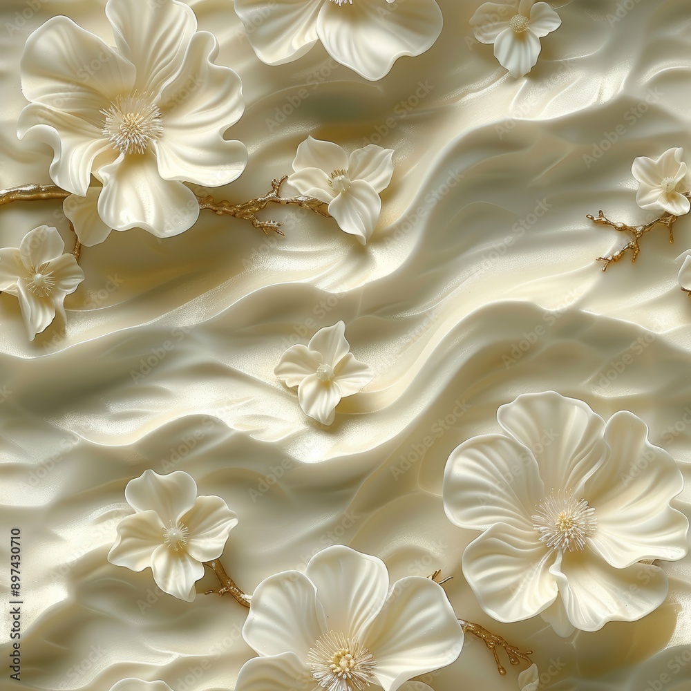 3D seamless pattern of white flowers and waves, 3d render style tileble pattern 3D seamless pattern of white flowers and waves, 3d render style tileble pattern