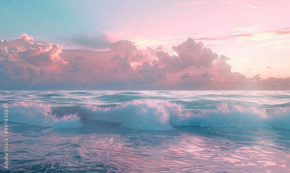 Fototapeta premium Celestial ocean with water rising into the heavens, waves gently merging with a pastel-hued sky, ethereal tranquility