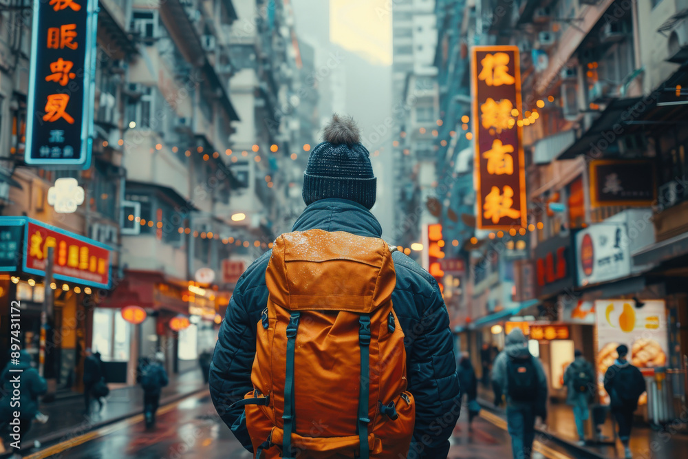 A traveler in a winter coat with a backpack explores a vibrant city street adorned with bright neon signs, capturing the essence of urban adventure and cultural exploration. A traveler in a winter coat with a backpack explores a vibrant city street adorned with bright neon signs, capturing the essence of urban adventure and cultural exploration.