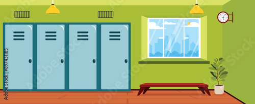 Vector illustration of a school sports locker room. Cartoon scene of a locker room with lockers for storing things, a bench, a flower pot, a clock, lamps, and a window with a beautiful view.