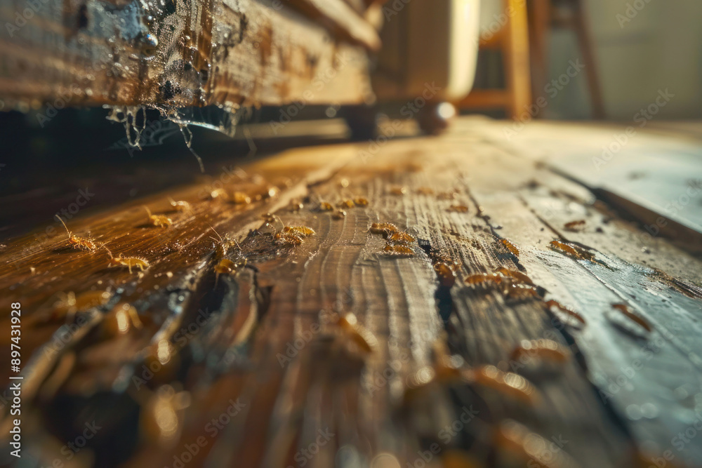 Close-Up of Termites Crawling on Wooden Floor with Visible Damage, Clean and Diffused Lighting Emphasizing Details Close-Up of Termites Crawling on Wooden Floor with Visible Damage, Clean and Diffused Lighting Emphasizing Details
