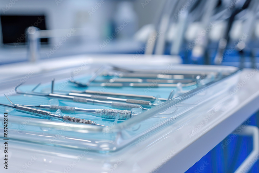 High-Definition Photo of Orthodontic Tools Neatly Arranged on Tray Ready for Dental Procedure, Clean and Sterile Dental Clinic Background High-Definition Photo of Orthodontic Tools Neatly Arranged on Tray Ready for Dental Procedure, Clean and Sterile Dental Clinic Background