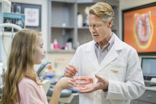 High-Resolution Photo of Dental Professional Explaining Braces Process to Young Patient Using Dental Model, Well-Lit and Welcoming Dental Office