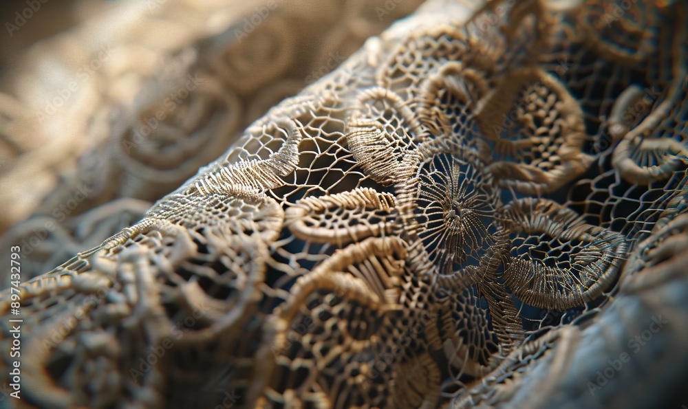 Detailed macro view of antique lace, revealing textile intricacy and historical craftsmanship Detailed macro view of antique lace, revealing textile intricacy and historical craftsmanship