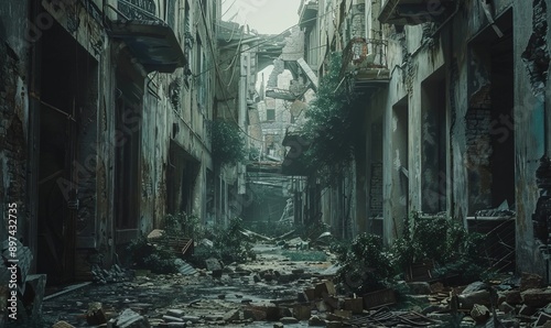 Desolate remnants of an abandoned city ravaged by war, its streets haunted by echoes of past life