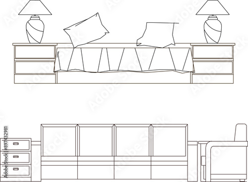 Vector silhouette illustration sketch of detailed architectural design interior design of living room sofa table and chair furniture