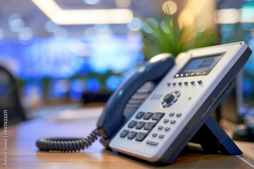 Modern ip deskphone standing on office desk in blurred modern office interior Modern ip deskphone standing on office desk in blurred modern office interior