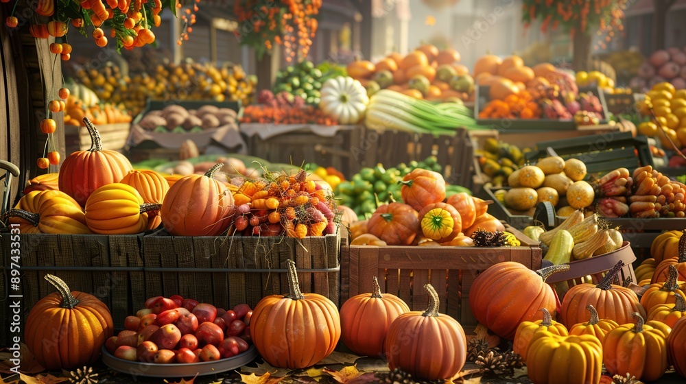 A bustling farmers market filled with pumpkins, fall vegetables, and fruits. Generative AI A bustling farmers market filled with pumpkins, fall vegetables, and fruits. Generative AI