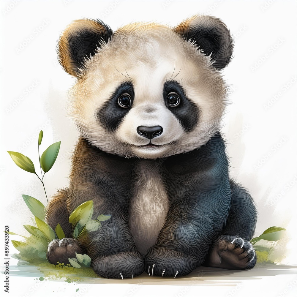 Naklejka premium Cute, fluffy panda sitting with a gentle expression, surrounded by green leaves. It can be used for educational materials, children's books, posters, and merchandise.