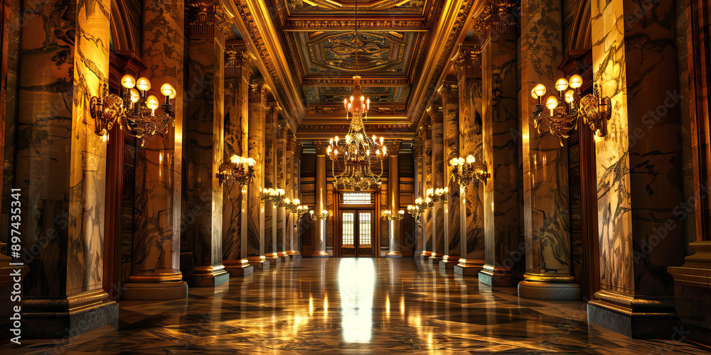 Obraz premium Hallowed Halls of Power: A grand government building, its marble columns and ornate chandeliers casting a regal glow
