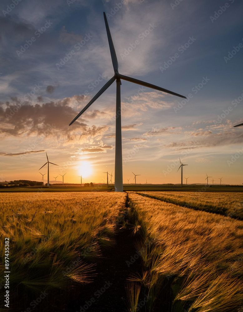 Obraz premium Wind turbines on the large field during sunset, green energy production