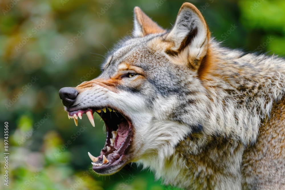 Fototapeta premium Grey wolf is growling aggressively, bearing its teeth in a forest setting