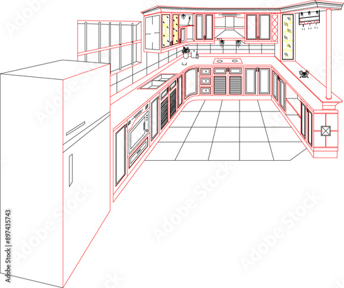 Sketch illustration silhouette vector detailed drawing of vintage classic kitchen interior engineering design