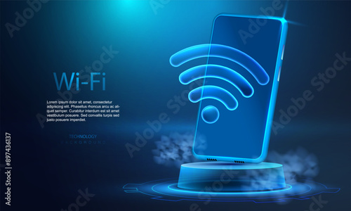 Mobile phone with wifi icon standing on transparent podium. Technology smartphone with wi-fi symbol on blue gaming platform. Wireless network digital innovation concept, free internet zone symbol.