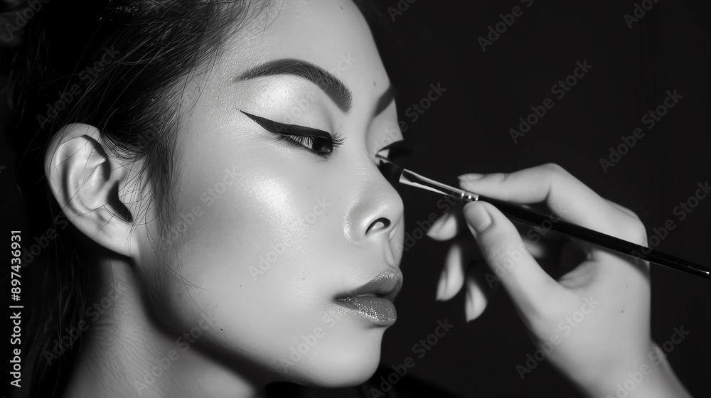 Fototapeta premium Close-up of a makeup artist applying eyeliner to a woman's eyelid. Black and white photo emphasizing beauty and precision.