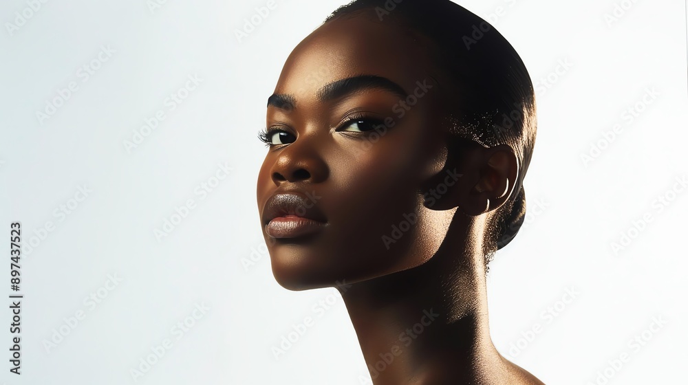 Elegant portrait of a confident woman with smooth, glowing skin and a serene expression, captured against a clean background. Elegant portrait of a confident woman with smooth, glowing skin and a serene expression, captured against a clean background.