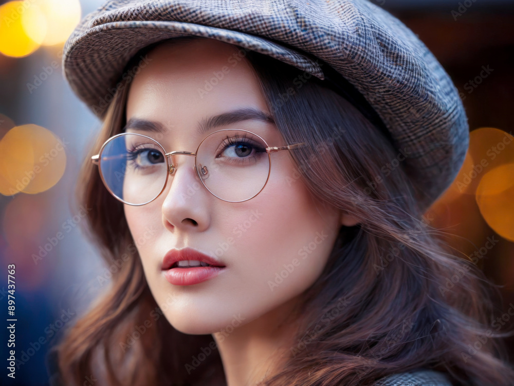 Young woman wearing round glasses and a cap, looking at the camera with a serious expression. Young woman wearing round glasses and a cap, looking at the camera with a serious expression.