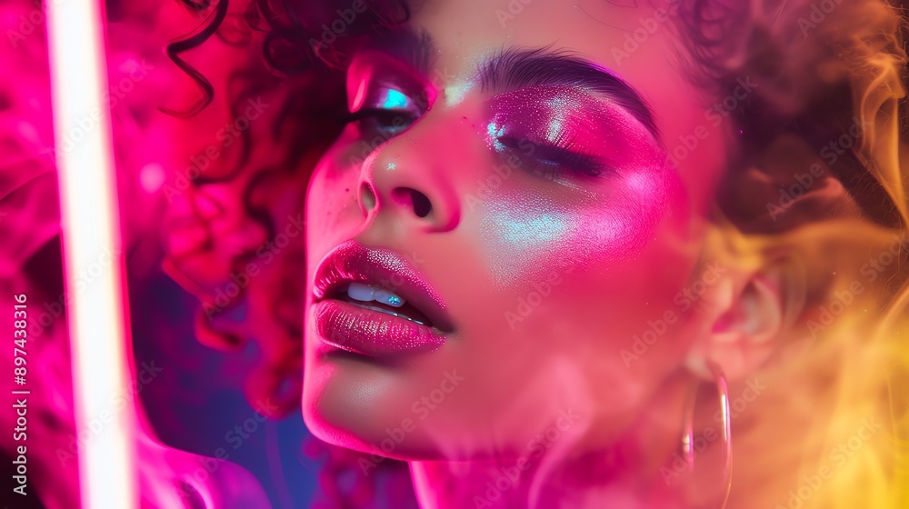 Fototapeta premium Vibrant close-up portrait of a woman with neon lighting and colorful smoke, highlighting unique makeup and curly hair.