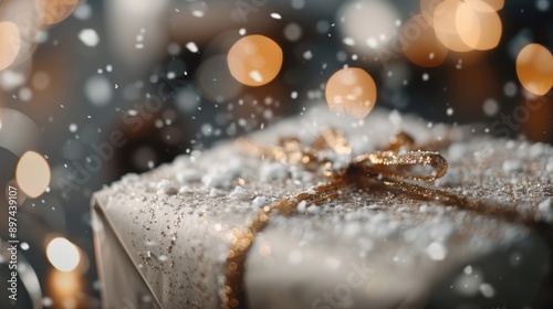 A beautifully wrapped gift box, covered in snowflakes, with festive bokeh lights in the background, representing the holiday season and the joy of giving gifts.