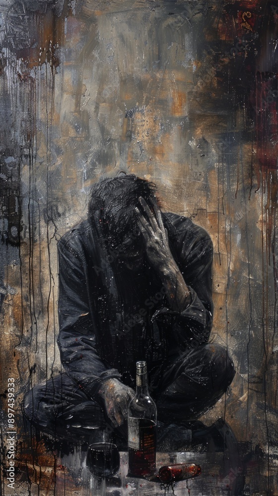 A distraught man with his head in his hands sits in a crouched pose amidst empty bottles and cigarettes. The dark, disheveled clothes and dirty background convey devastation A distraught man with his head in his hands sits in a crouched pose amidst empty bottles and cigarettes. The dark, disheveled clothes and dirty background convey devastation