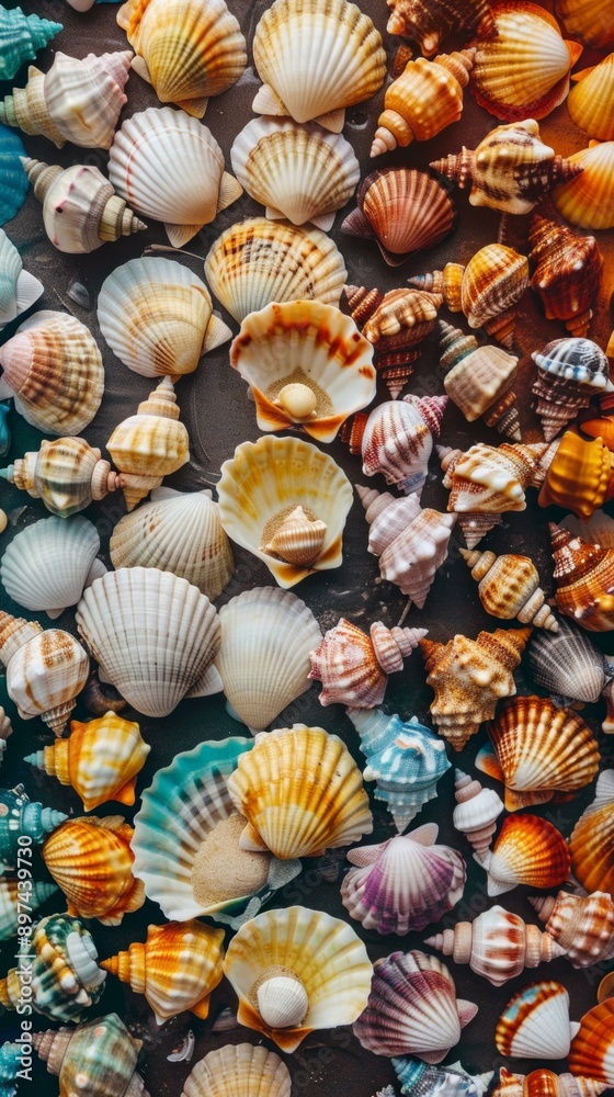 A vibrant display of sea shells in various colors and shapes on a dark background, creating a visually appealing composition with depth. A vibrant display of sea shells in various colors and shapes on a dark background, creating a visually appealing composition with depth.