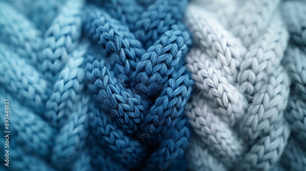 Close-up of a knitted fabric in shades of blue, creating a textured and abstract background. Close-up of a knitted fabric in shades of blue, creating a textured and abstract background.