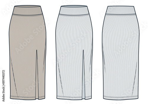 Knit Skirt technical fashion illustration. Jersey midi Skirt fashion flat technical drawing template, ribbed, front slit, slim fit, front and back view, white, beige, women CAD mockup set.