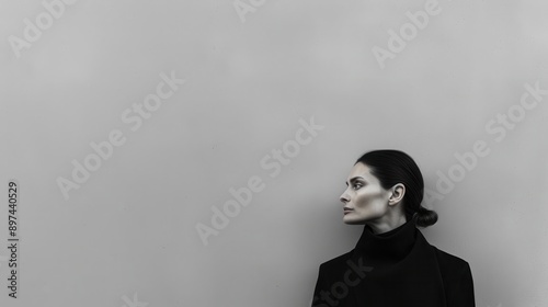 An elegant woman dressed in a black coat stands against a minimalist plain gray wall, her profile view showcasing sharp features and an air of sophistication. photo